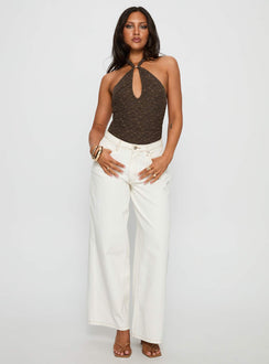 front view of model wearing Princess Polly Libbey Hardware Detail Textured Bodysuit Brown Sleeveless Bodysuit 