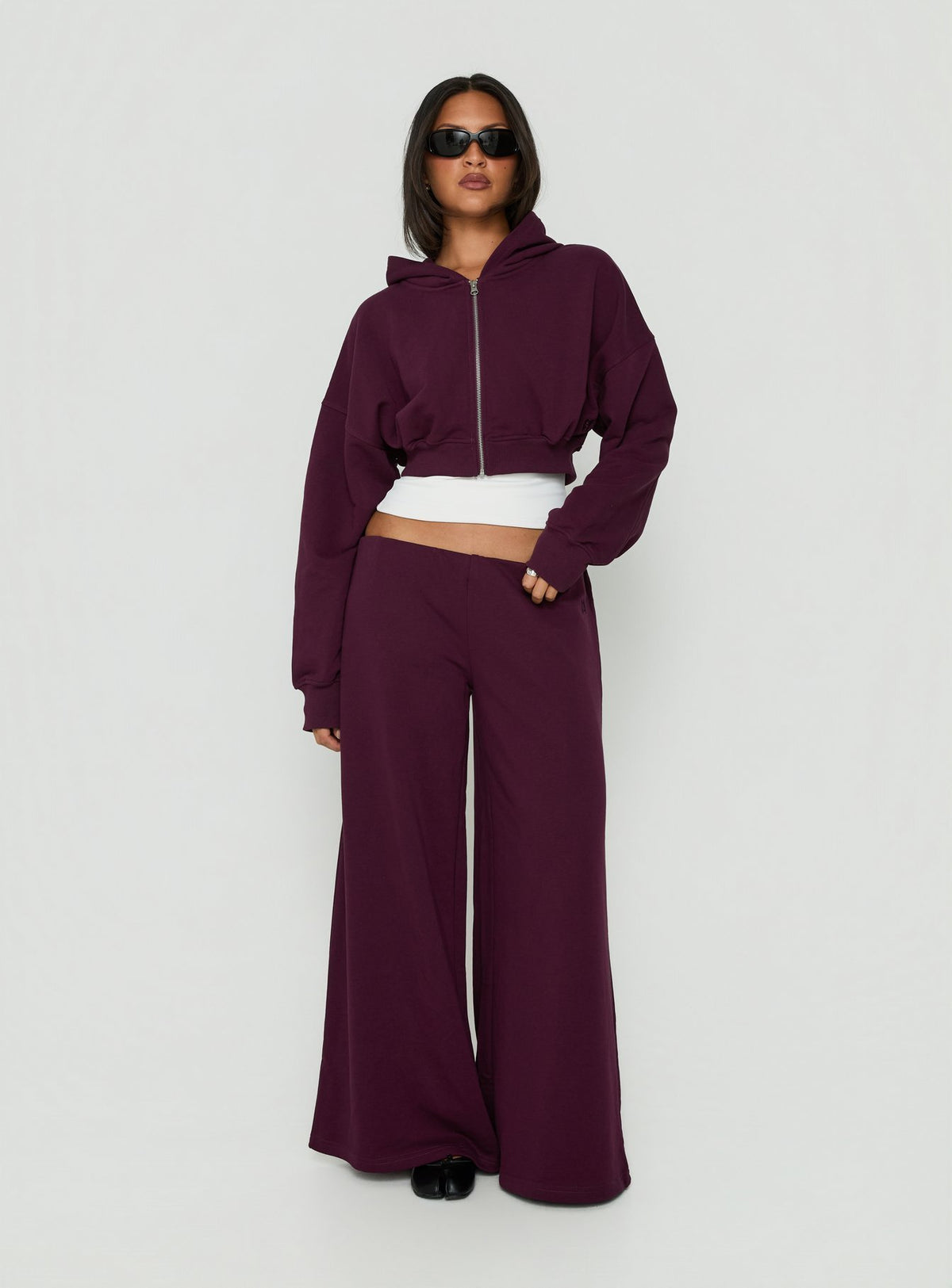 Designed with Kaeya Fleece Wide Leg Low Rise Pants in Plum womens-regular-pants product Princess Polly