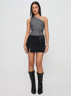   front view of model wearing Princess Polly Wait Up Denim Wrap Mini Skirt Washed Black Mini Skirts Skirts 