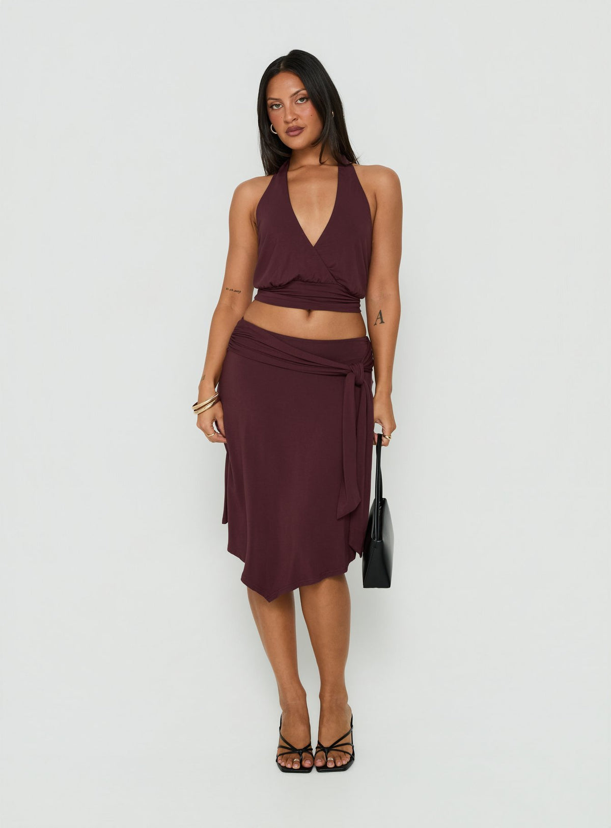 Featuring the Soft Focus Tie Waist Midi Skirt Plum Noir womens-skirts with relaxed fit Princess Polly