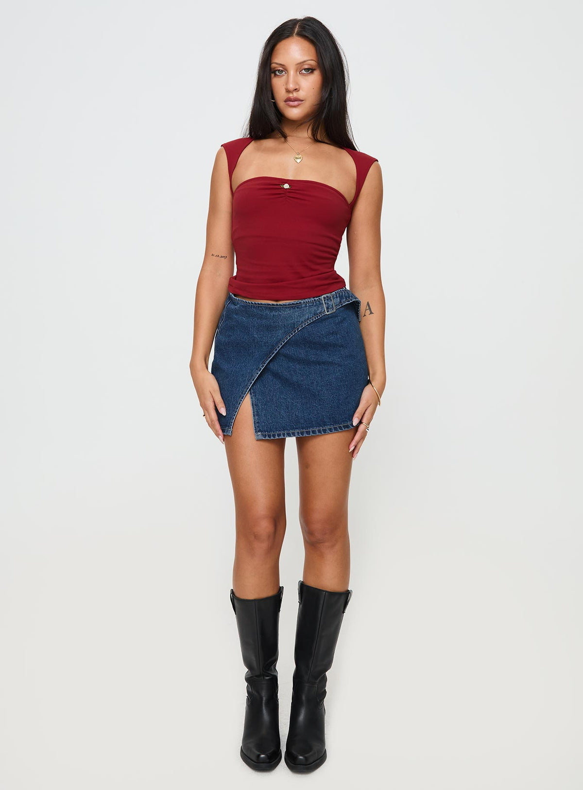   front view of model wearing Princess Polly Wait Up Denim Wrap Mini Skirt Mid Wash Mini Skirts Skirts 