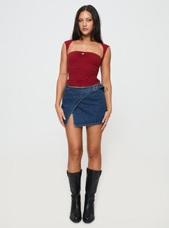   front view of model wearing Princess Polly Wait Up Denim Wrap Mini Skirt Mid Wash Mini Skirts Skirts 