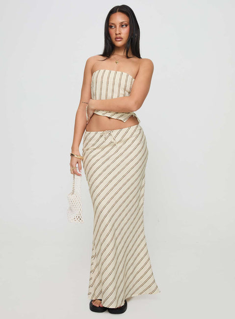 back view of model wearing Princess Polly Mercer Linen Blend Maxi Skirt Cream Skirts 