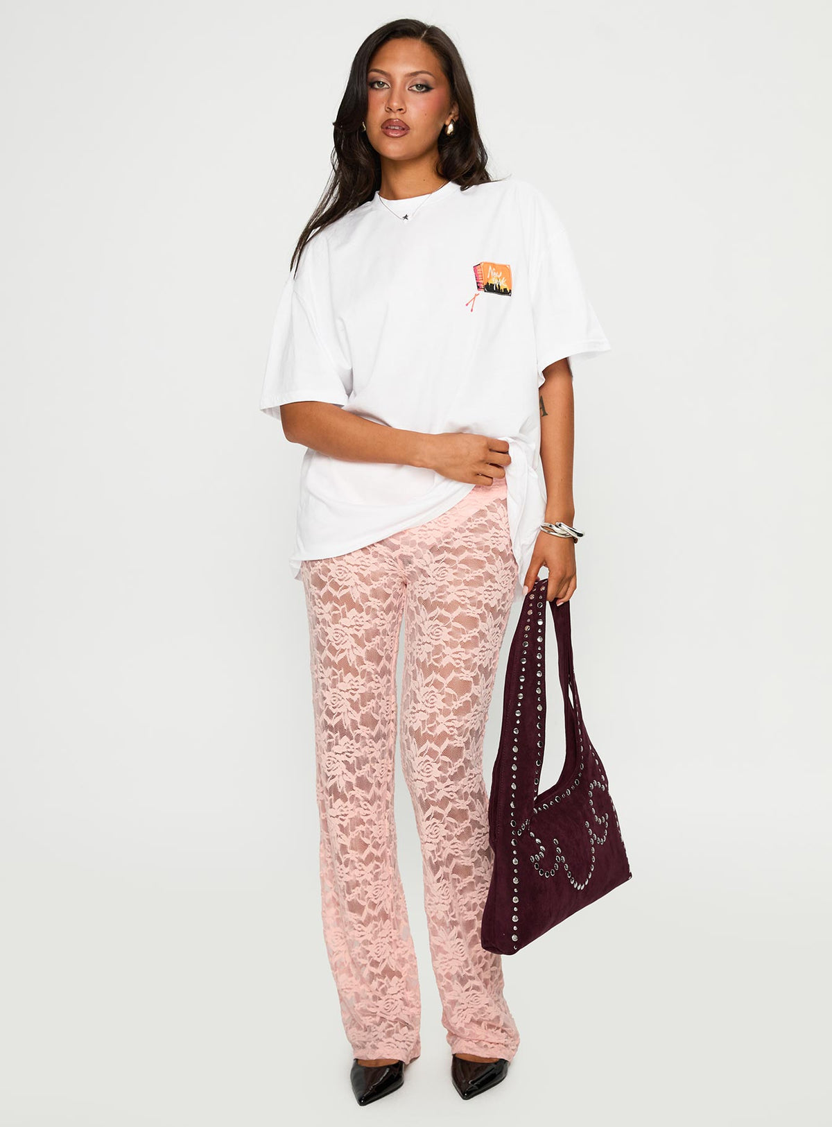 front view of model wearing Princess Polly Peru Lace Pants Pink Pants 