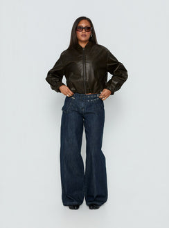 front view of model wearing Princess Polly Paltrow Mid Rise Wide Leg Cargo Jeans Dark Blue Wash Mid Rise Jeans Jeans 