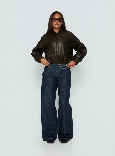 front view of model wearing Princess Polly Paltrow Mid Rise Wide Leg Cargo Jeans Dark Blue Wash Mid Rise Jeans Jeans 