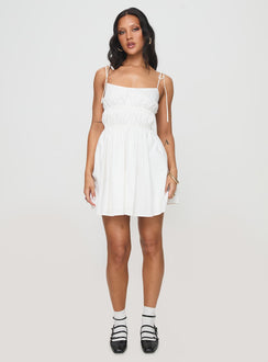 side view of model wearing Princess Polly Jacksonne Mini Dress White Scoop Neck 