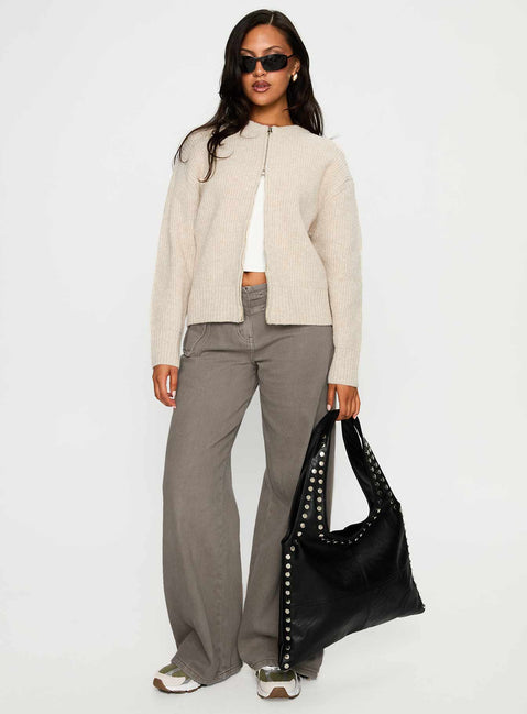 front view of model wearing Princess Polly Lexene Zip Through Jumper Oat Cropped Jumpers Jumpers 