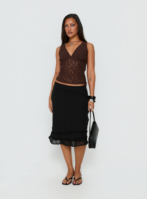   front view of model wearing Princess Polly Clarabella Frill Midi Skirt Black Midi Skirts Skirts 