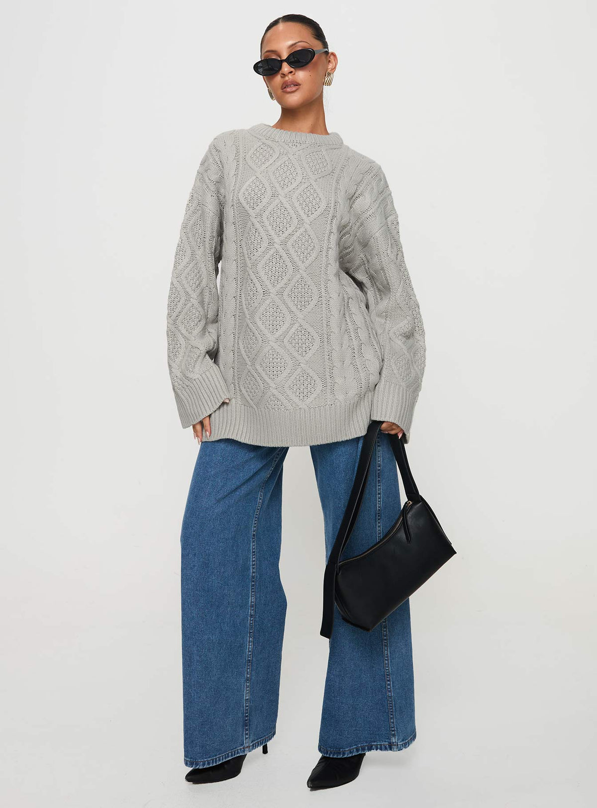 front view of model wearing Princess Polly Gigi Knit Sweater Cloud Longline Jumpers Jumpers 