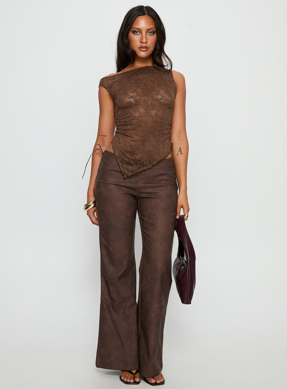 Decia One Shoulder Lace Top Brown