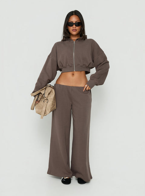 Crafted in Kaeya Fleece Wide Leg Low Rise Pants Grey womens-regular-pants with low-rise waist detail view of model wearing Princess Polly