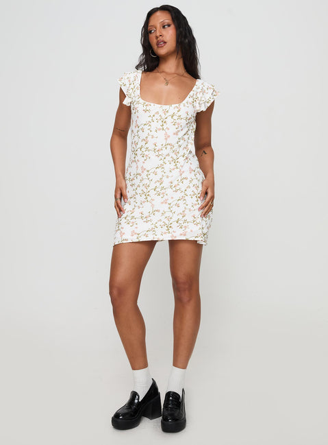 front view of model wearing Princess Polly Whitechapel Mini Dress Multi Square Neck 