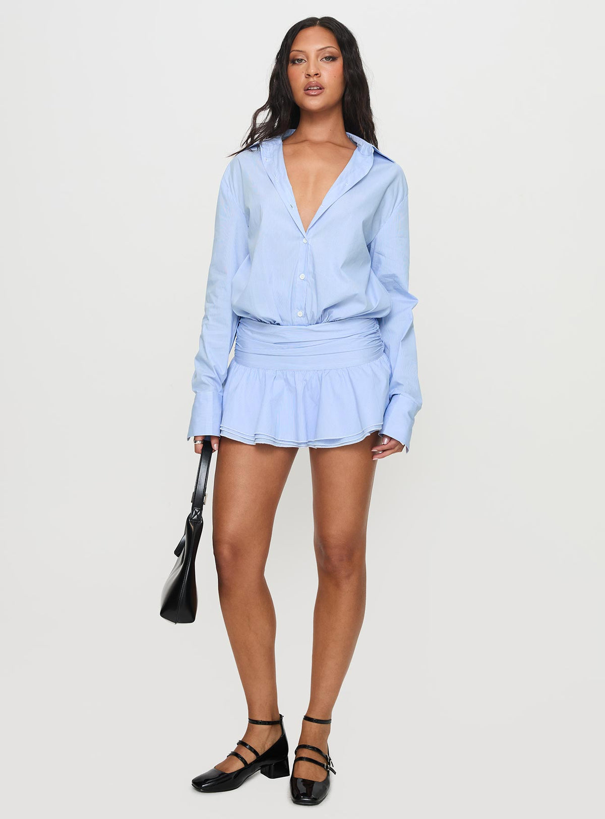 front view of model wearing Princess Polly Girls Girls Girls Mini Dress Blue V-Neck 