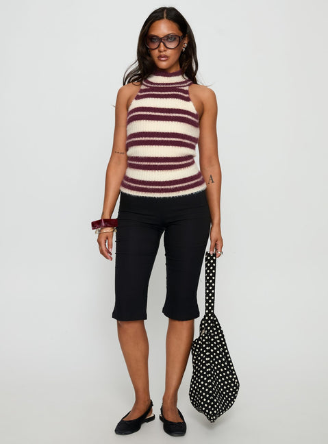 Heide High Neck Fluffy Top Burgundy Stripe