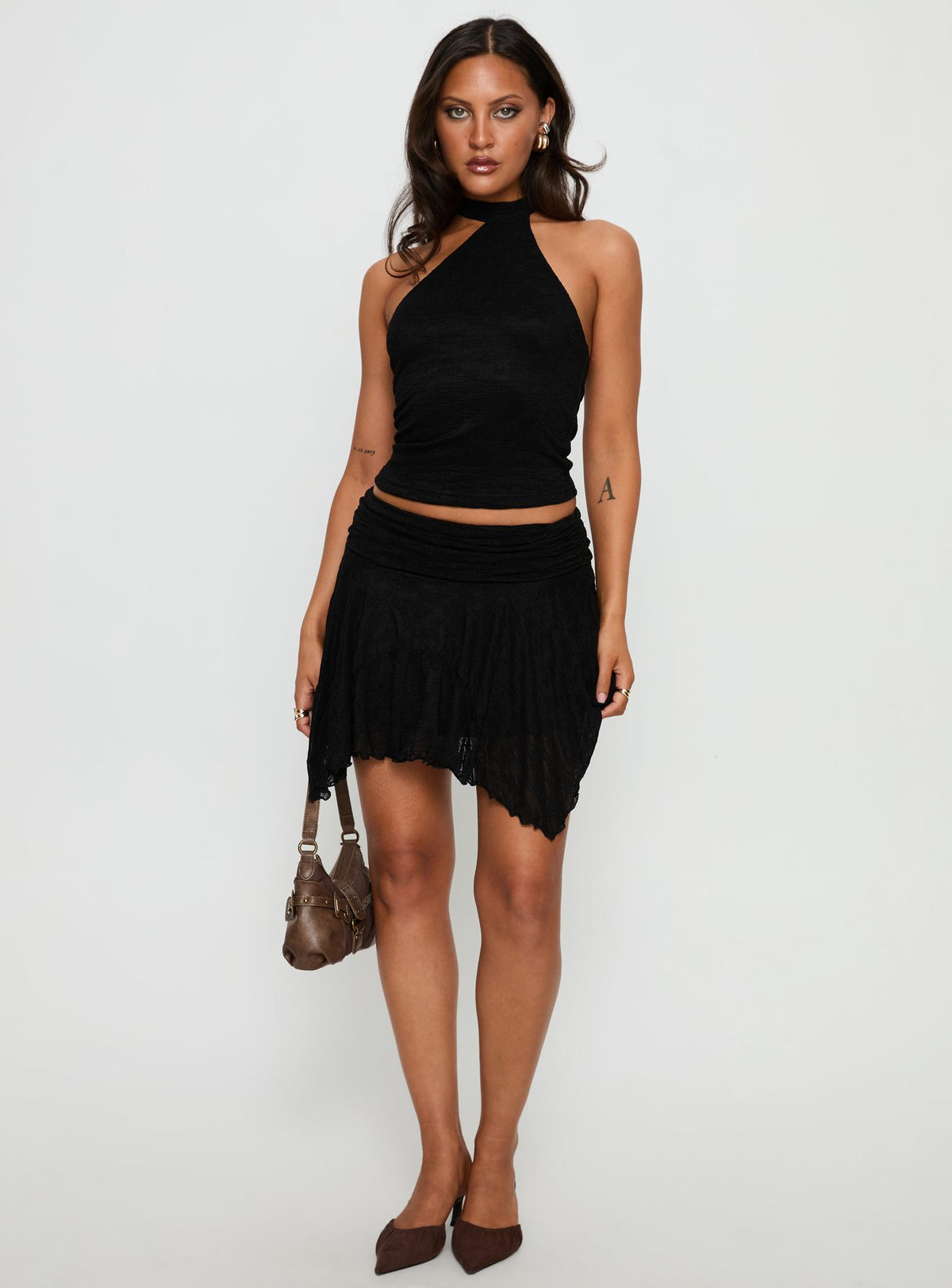   front view of model wearing Princess Polly Raeann Frill Mini Skirt Black Skirts 