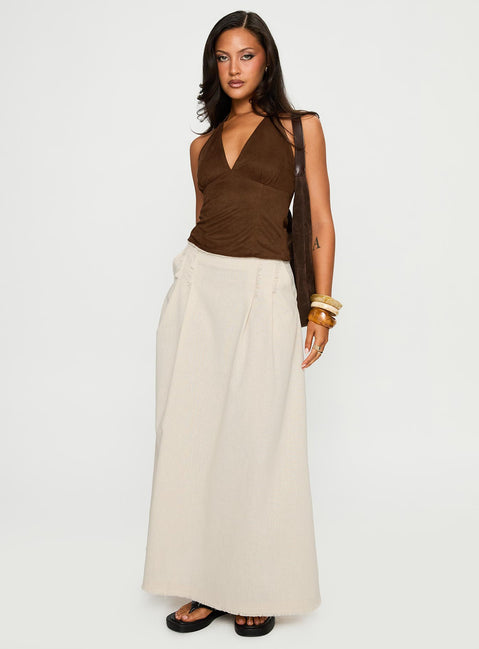   side view of model wearing Princess Polly Bohemian Spirit Maxi Skirt Beige Maxi Skirts Skirts 