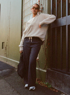 side view of model wearing Princess Polly Seraphic Pants Charcoal Stripe High Rise Pants Pants 