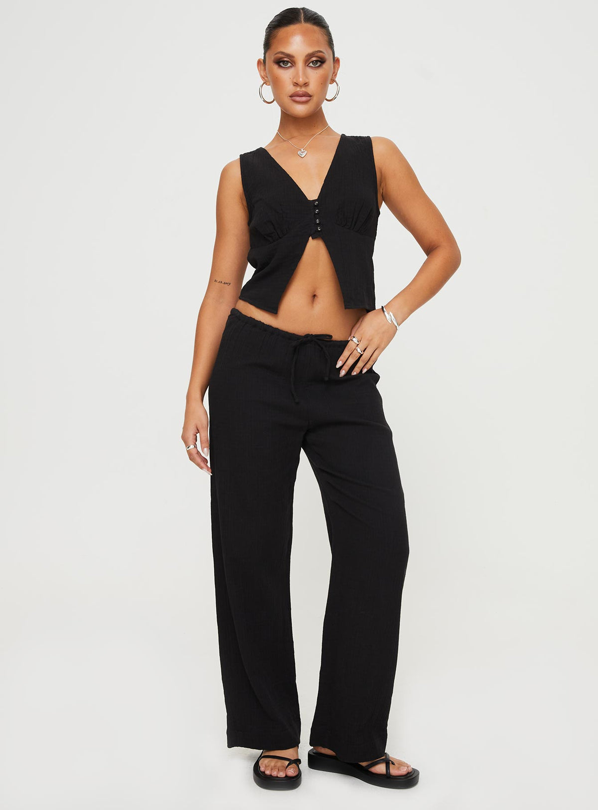 front view of model wearing Princess Polly Zanzibar Pants Black Low Rise Pants Pants 