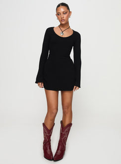 front view of model wearing Princess Polly Best Interest Long Sleeve Mini Dress Black Tall Scoop Neck 