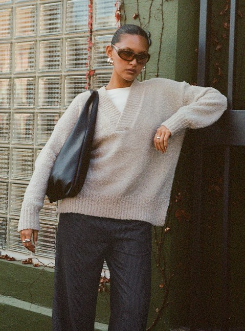 front view of model wearing Princess Polly Mich Knit Sweater Beige Jumpers 