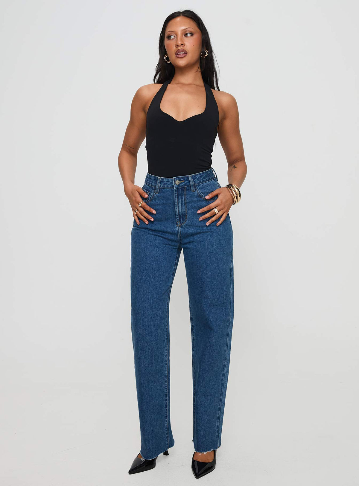 front view of model wearing Princess Polly Kalinda High Rise Straight Leg Jeans Mid Blue High Rise Jeans Jeans 