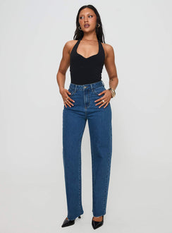 front view of model wearing Princess Polly Kalinda High Rise Straight Leg Jeans Mid Blue High Rise Jeans Jeans 