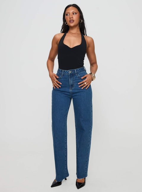 front view of model wearing Princess Polly Kalinda High Rise Straight Leg Jeans Mid Blue High Rise Jeans Jeans 