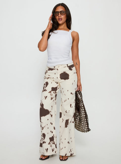 front view of model wearing Princess Polly Big Dreamer Low Rise Straight Leg Jeans Cow Print Low Rise Jeans Jeans 