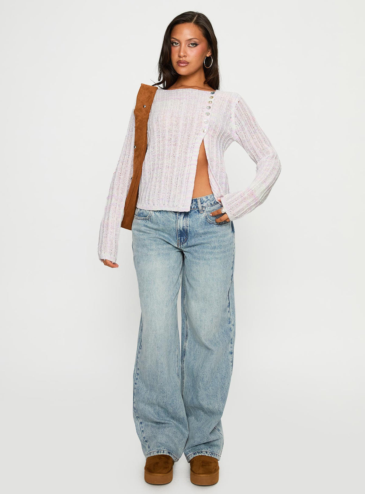 front view of model wearing Princess Polly Lenker Knit Jumper Lilac Cropped Jumpers Jumpers 