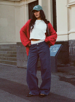 front view of model wearing Princess Polly Abner Cable Cardigan Red Longline Jumpers Jumpers 