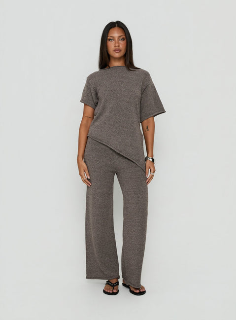 Presenting the Calisse Knit Wide Leg Pants Mocha womens regular pants in high-rise style front view of model wearing Princess Polly