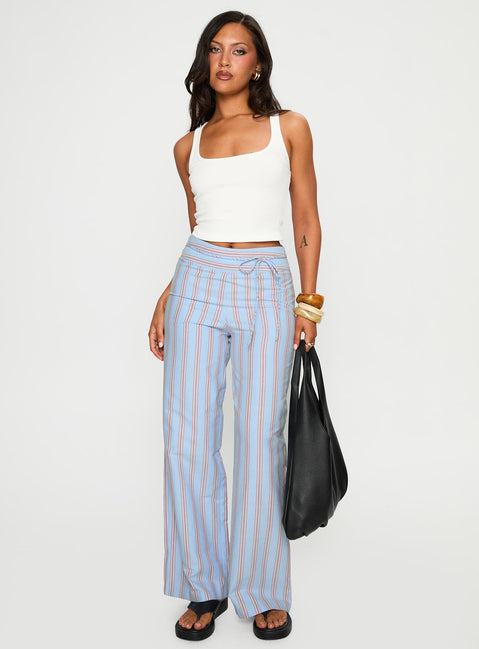 front view of model wearing Princess Polly Rush Hours Pants Blue Multi High Rise Pants Pants 