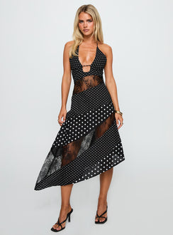 back view of model wearing Princess Polly Down With Love Asymmetrical Midi Dress Black / White Polka Plunger 