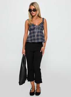 side view of model wearing Princess Polly Pretty It Up Tie Detail Top Blue Check Sleeveless V-Neck 