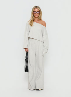 front view of model wearing Princess Polly Retreat Raw Edge Off Shoulder Jumper Snow Marle cropped Jumpers 