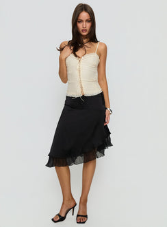   front view of model wearing Princess Polly Rosemead Satin Midi Skirt Black Midi Skirts Skirts 