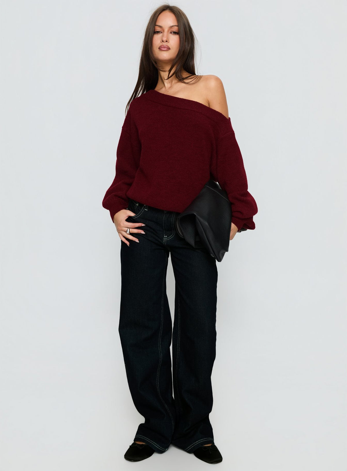 side view of model wearing Princess Polly Noble Off The Shoulder Sweater Red Cropped Jumpers 