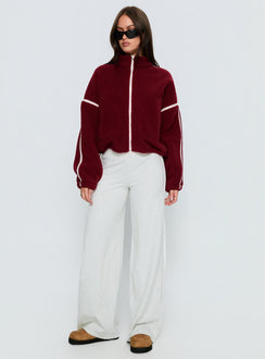 side view of model wearing Princess Polly Sammee Polar Fleece Contrast Zip Through Jacket Red Cropped Jumpers Jumpers 