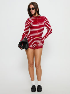 front view of model wearing Princess Polly Head In The Clouds Cardigan Crimson Stripe Jumpers 