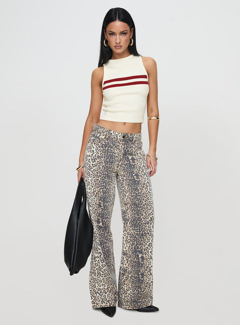 front view of model wearing Princess Polly Top Model Low Rise Straight Leg Jeans Leopard Fade Mid Rise Jeans Jeans 