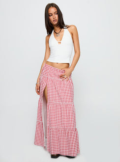   side view of model wearing Princess Polly Ilaina Tiered Maxi Skirt Red Check Maxi Skirts Skirts 