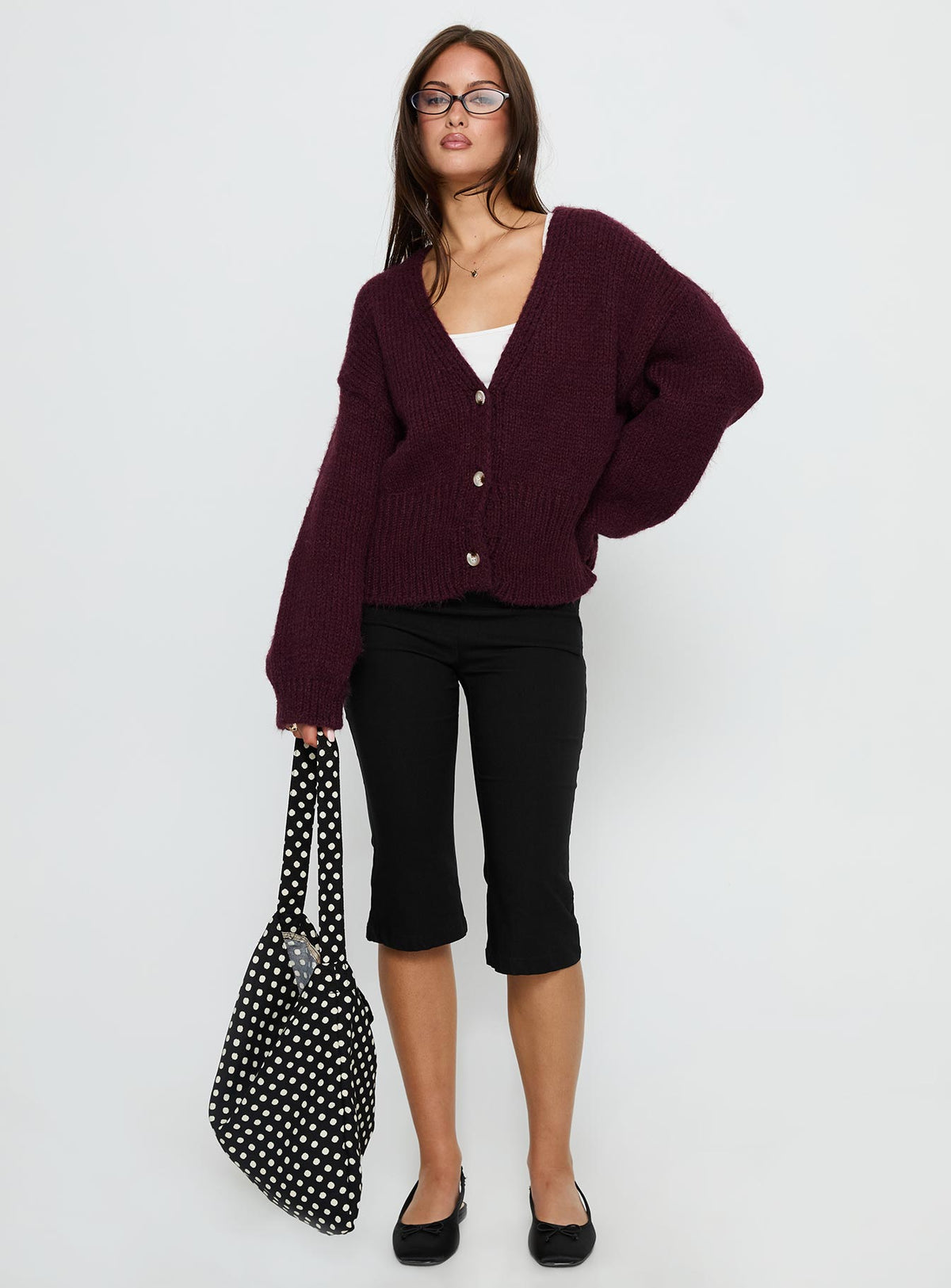front view of model wearing Princess Polly Yasmyn Knit Cardigan Burgundy Longline Jumpers Jumpers 