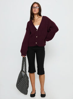 front view of model wearing Princess Polly Yasmyn Knit Cardigan Burgundy Longline Jumpers Jumpers 