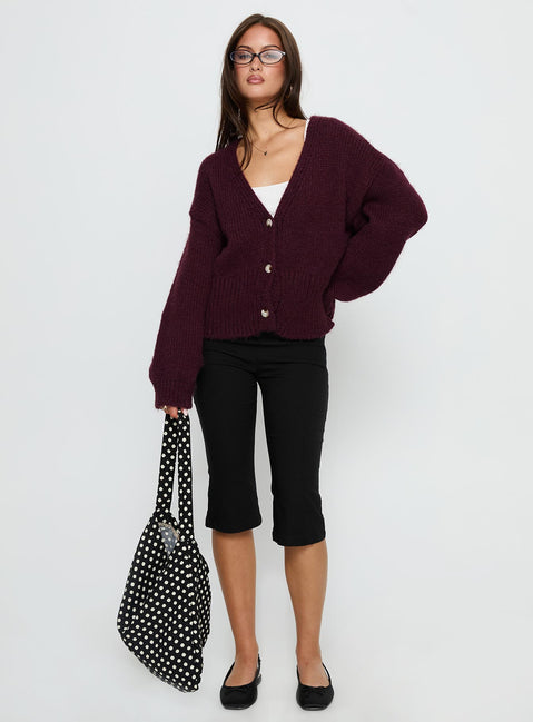 front view of model wearing Princess Polly Yasmyn Knit Cardigan Burgundy Longline Jumpers Jumpers 