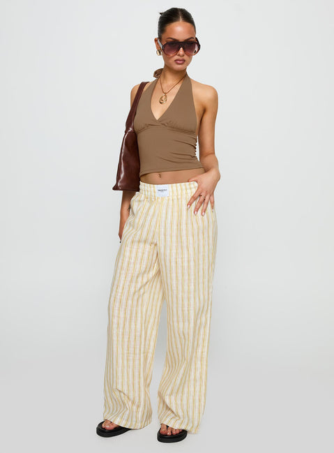 front view of model wearing Princess Polly Beach House Pants Yellow Stripe High Rise Pants Pants 