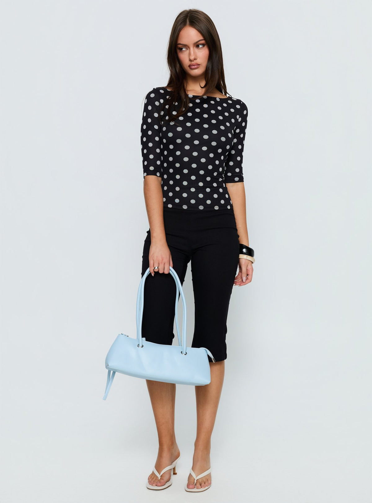 Venna 3/4 Sleeve Boat Neck Top Black / White Polka