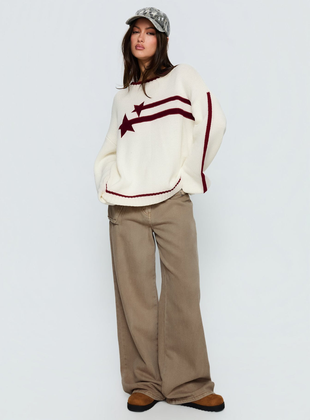 front view of model wearing Princess Polly Star Track Graphic Jumper Cream / Red Longline Jumpers Jumpers 