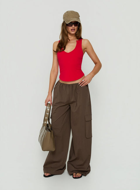 Featuring the Lunea Concealed Waistband Cargo Pants Brown Petite in womens-regular-pants with mid-rise front view of model wearing Princess Polly