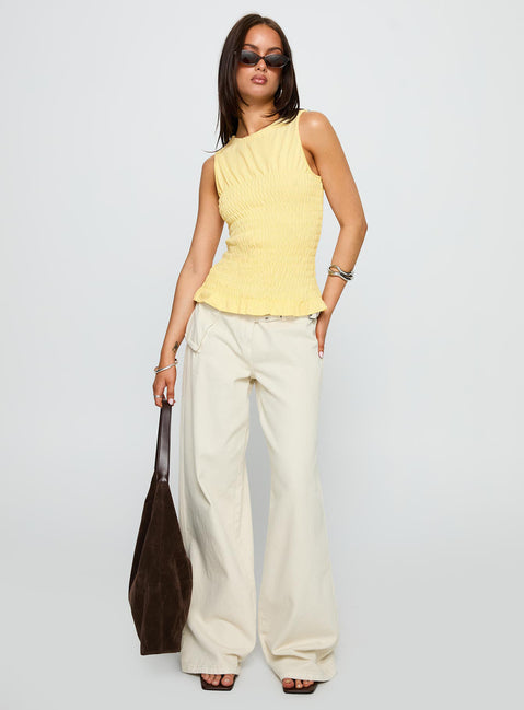back view of model wearing Princess Polly Maybe Tomorrow Ruched Sleeveless Top Lemon Sleeveless Crew Neck 